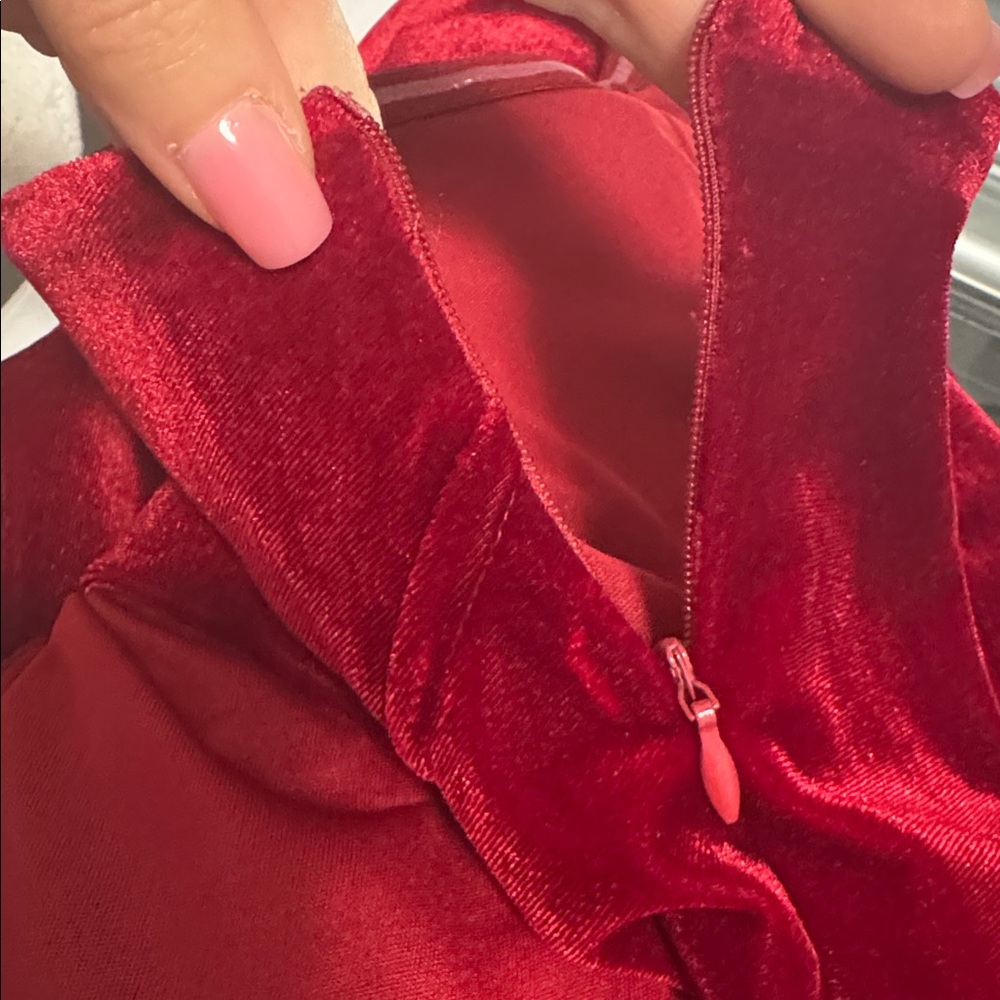 Classy Unique Velvet One-Shoulder Red Dress - Picture 9 of 9
